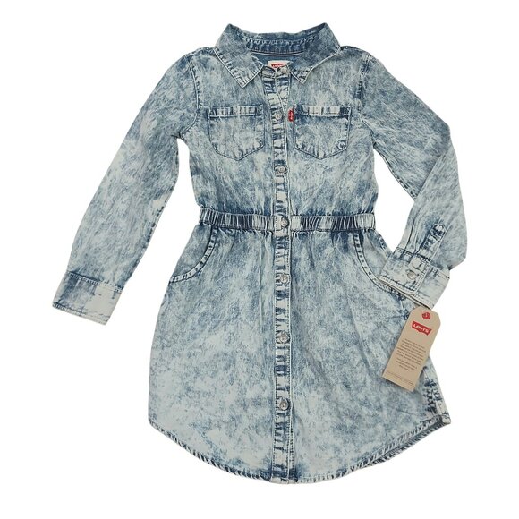 Levi's Shirt Dress Girls Small 4/5 Years Blue Acid Wash Button Up Long Sleeve - Picture 1 of 10